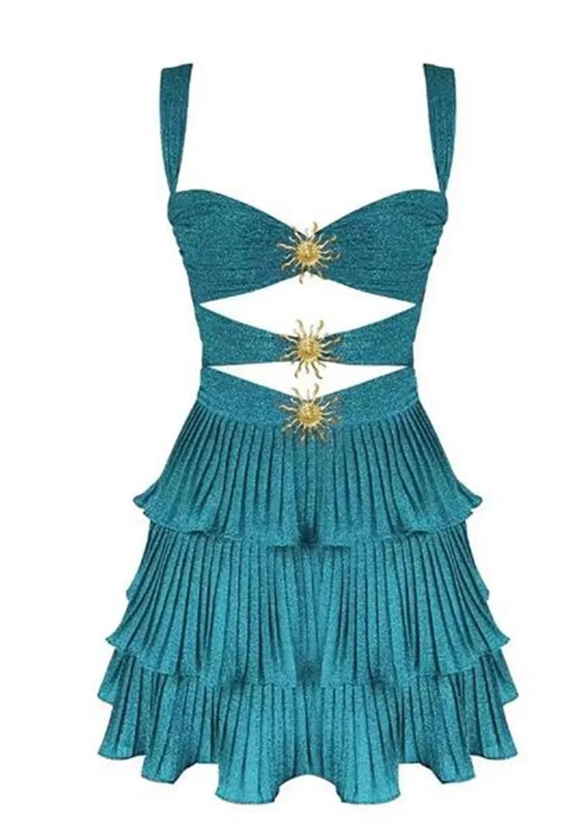 Women Sequin Starfish Mini Dress Spaghetti Strap Cut Out Layered Ruffle Dress Sparkly Y2k Short Cami Dress Party