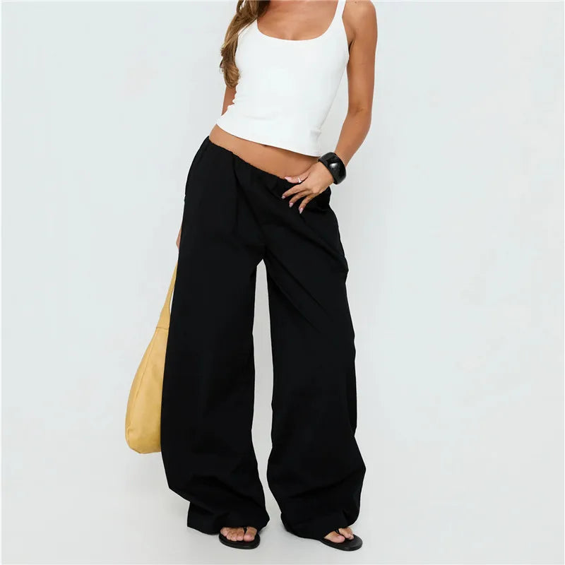 American Minimalist Elastic Waist Wide Leg Pants Women Oversized Draped Baggy Floor Length Casual Daily Office Trousers