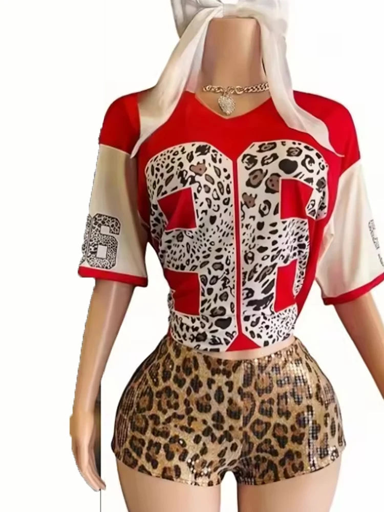 Leopard Print Tracksuit Women 2piece Set Letter Print Tees+Sequins Bike Shorts Stretch Matching Streetwear Outfits