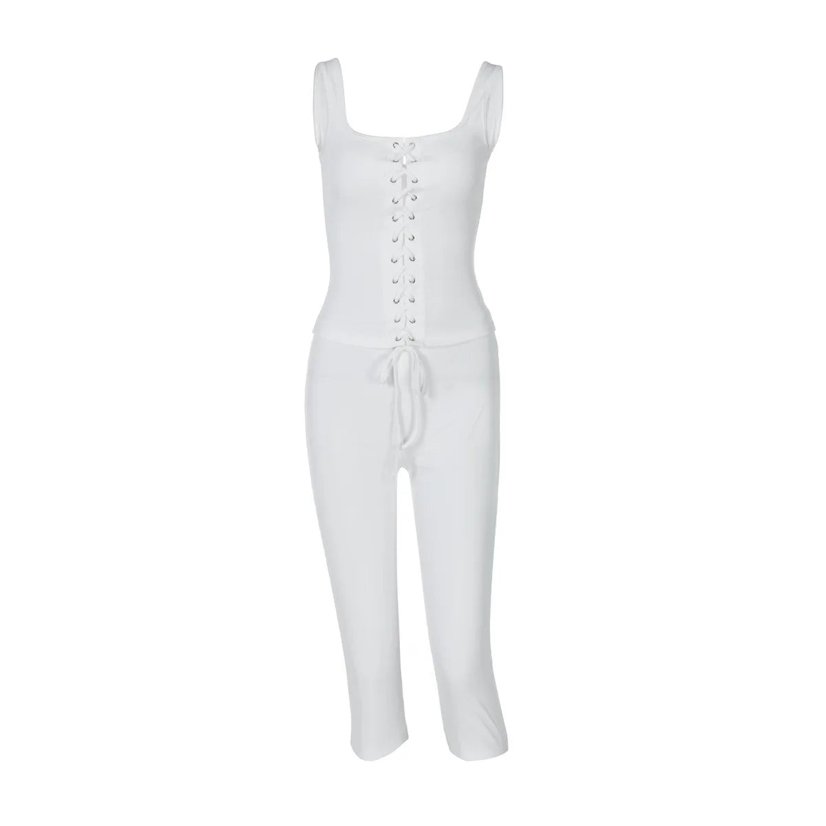 White Pants Suits Set Women Sexy Ribbed Knee Length Pants and Lace Up Corset Top Matching Outfits Clubwear