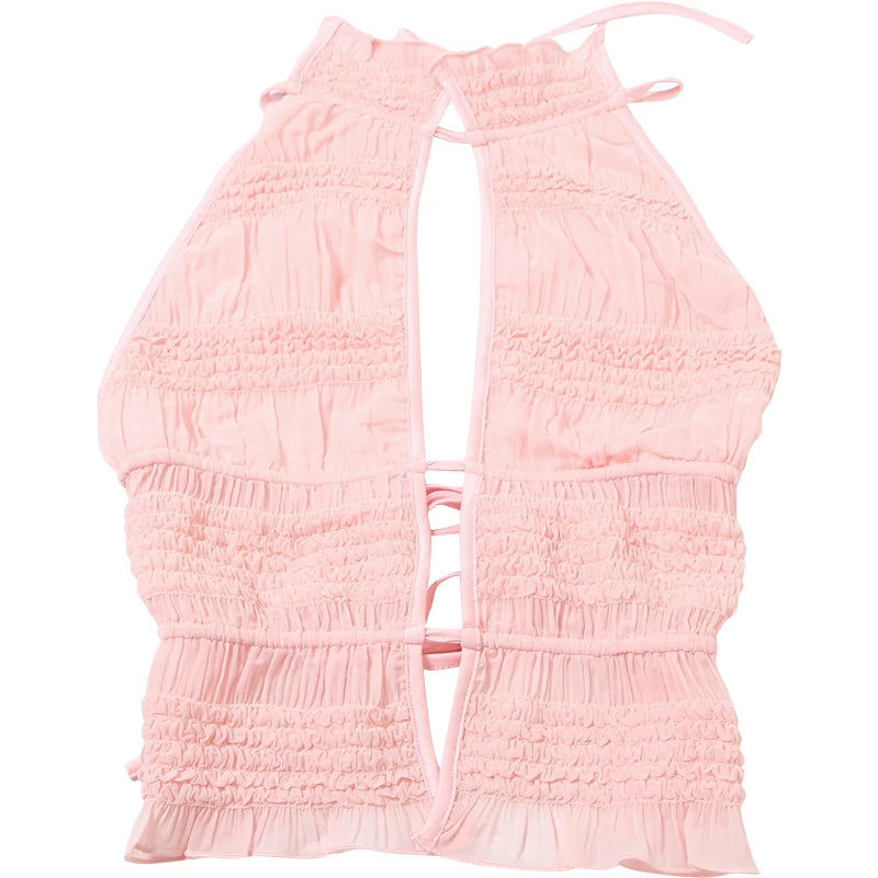 Sweet 2-Piece Set Women Backless Edible Tree Fungus Lace-Up Ruched Hollow Thin Tank Top+Furry Sequins Shorts Clubwear