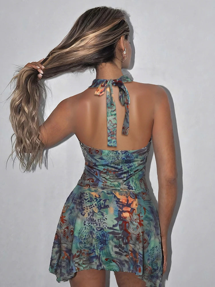 Fashion Print Mini Dress Women Halter Deep V-Neck Sexy Backless Ruched Ruffles Hem Vacation Trend Beach Party Outfits