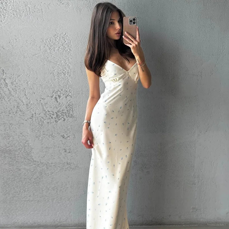 Spaghetti Strap V Neck Backless Split Long Dresses Elegant Satin Floral Dresses for Woman for Party