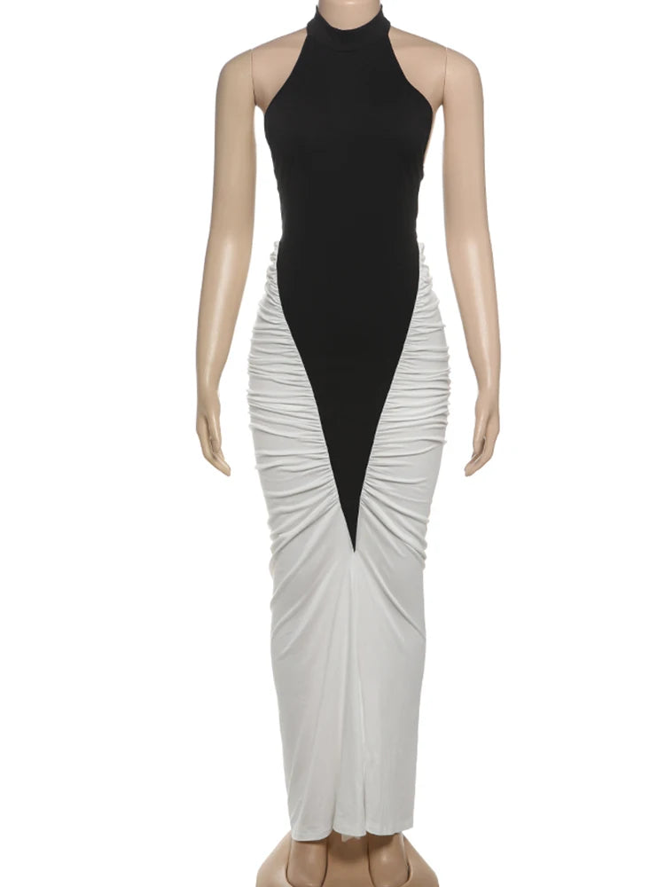 Ruched Maxi Dress Women Sexy Color Blocking Halter Backless Thin Slit Summer Trend Birthday Party Clubwear Vestidos