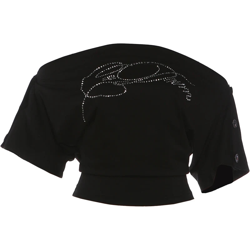 Slash Neck t-Shirt Women Button Half Sleeve Fake Diamond Letter Music Festival Leisure Daily Summer Trend Streetwear