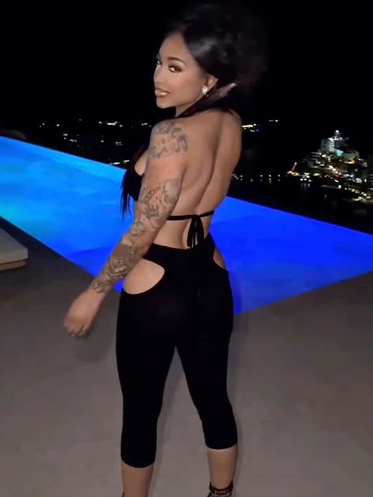 Furry Sexy 2 Piece Set Women Tracksuit Backless Tank Tops+High Waist Hollow Bike Shorts Nightclub Matching Outfits