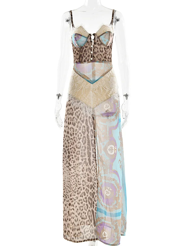 See Through Maxi Dress Women Sexy Patchwork Leopard Print High Slits Single-Breasted Hollow Summer Vacation Vestidos
