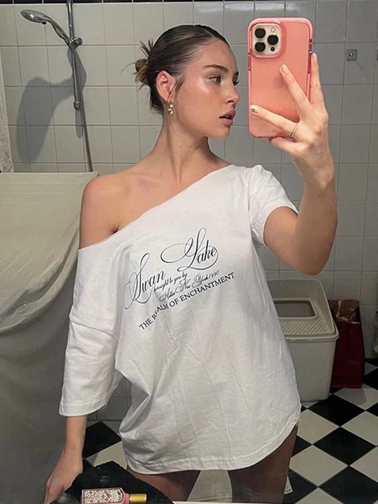 Slanted Dhoulders Woman T-shirt Letter Print Basic Casual Relax Soft Street Basic Classic Fashionable Slim Chic Tees
