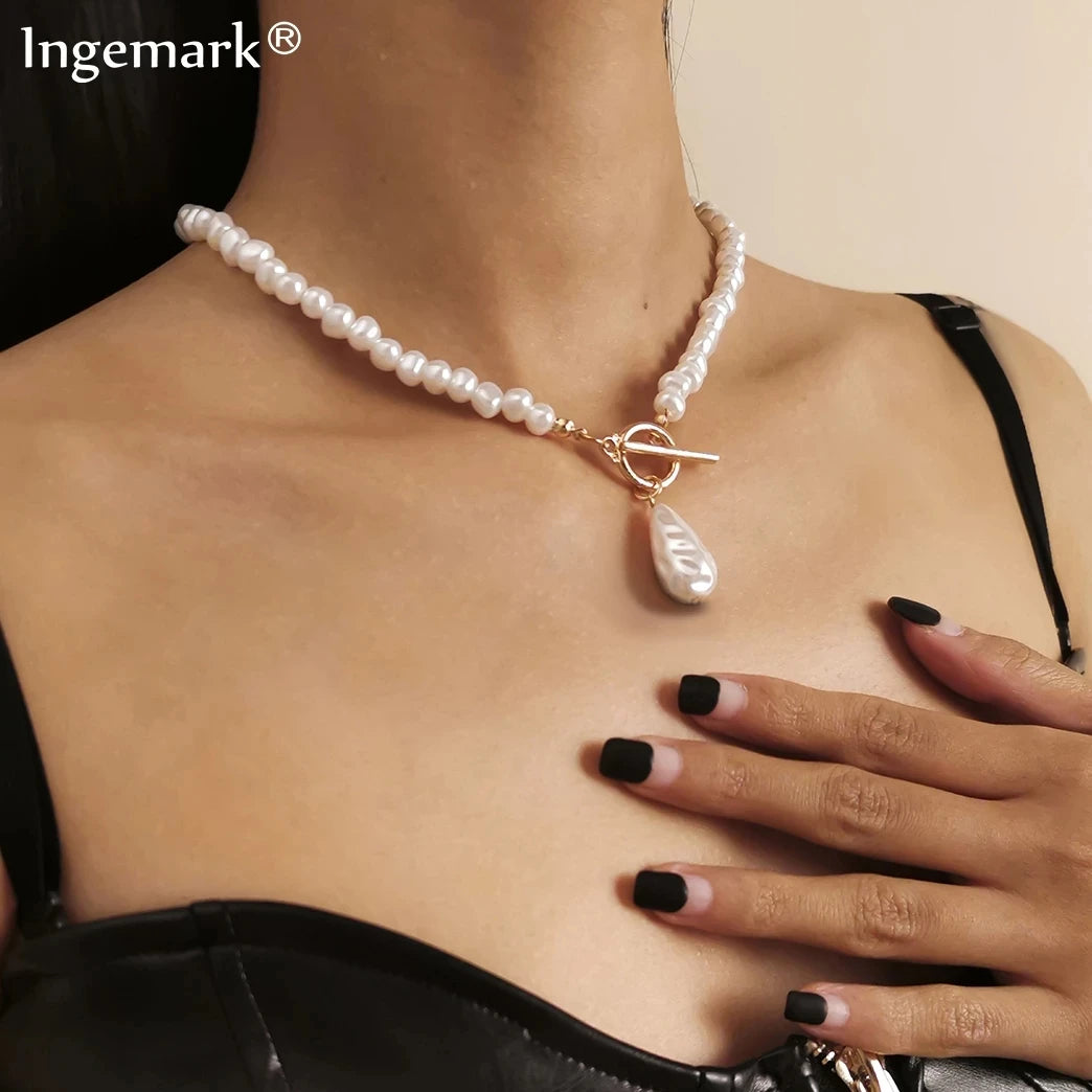 Vintage Imitation-Pearl Heart OT Buckle Pendant Necklace Women Wedding Bridal Bead Chain Neck Accessories Jewelry New
