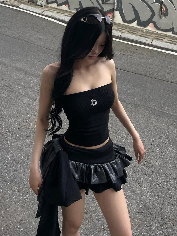 Big Bow Tassel Skirts Women Patchwork Leather Sexy Midnight Hottie Summer Trend Street Party Hipster Tierred Bottom