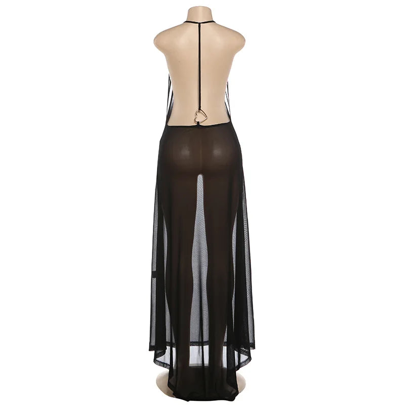 Women Heart Metal Ring Halter Maxi Dress Ultra Open Back Sheer Mesh Slinky Floor Length Evening Gown Club Party Dress
