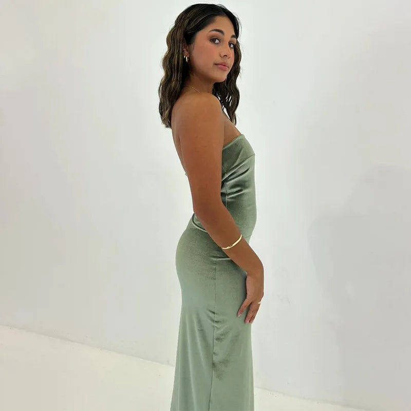 Sexy Strapless Maxi Dress for Women Summer Elegant Velvet Backless Long Dresses Green Blue Black