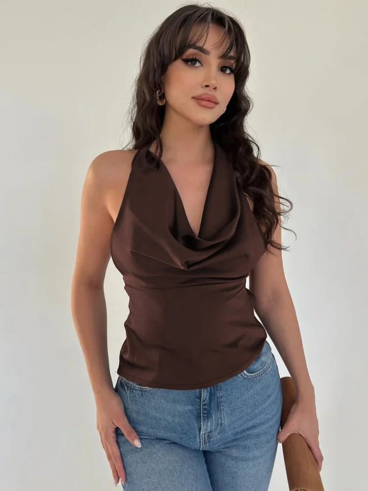 Woman Summer Top Elegant Sexy Backless Halter Tops Solid Satin Tanks & Camis