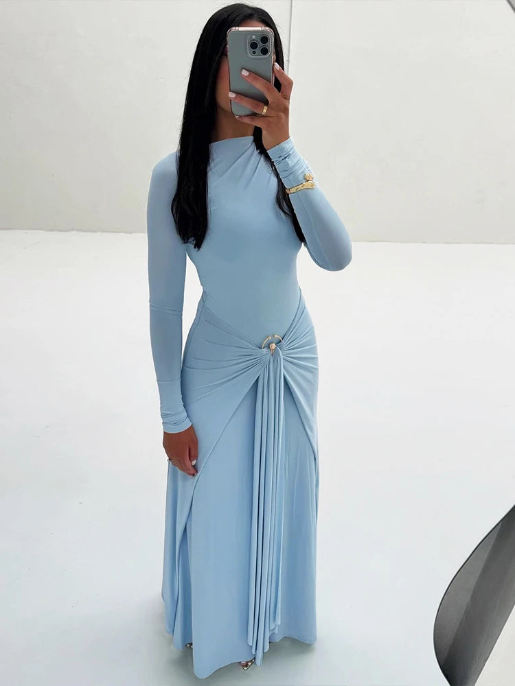 Ruched Elegant Maxi Dress Women Daily Casual Fashion Skinny Full Sleeve Solid Gown Midnight Prom Party Long Bodycon