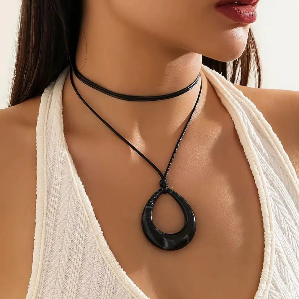 Vintage Hollow Out Big Water Drop Pendant Necklace For Women Personality Black Leather Wax Thread Rope Choker Jewelry
