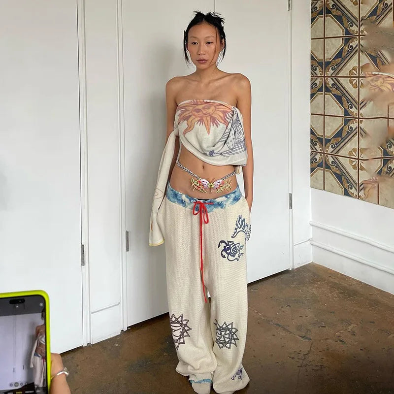 Fashion Graffiti Print Sweatpants Drawstring High Waist Wide Leg Pants Streetwear Womens Clothing P71-CE32