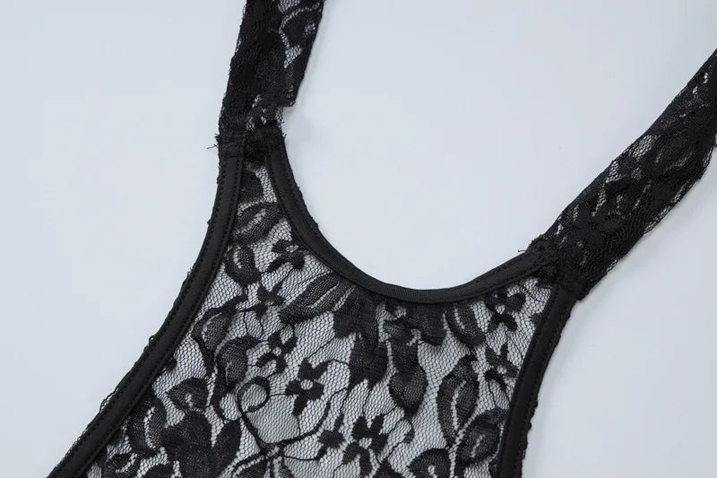 Floral Lace Mesh See Through Black Sexy Dress Y2k Club Outfits Halter Backless Mini Dresses for Women