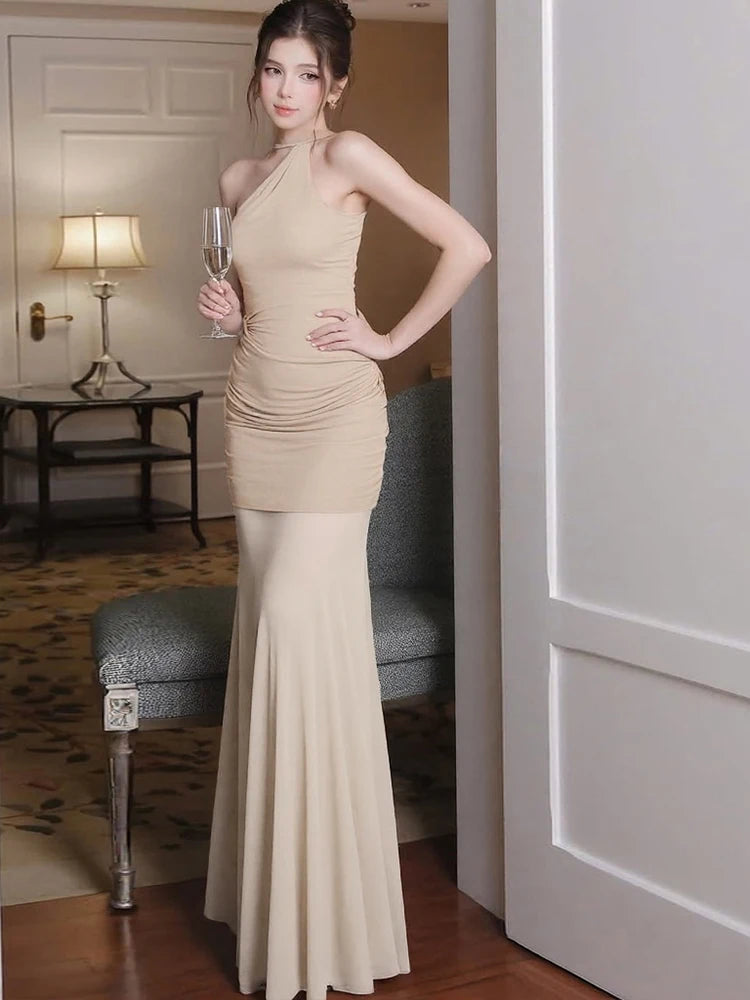 Mesh Patchwork Long Dress Women Inclined Shoulder Backless Sleeveless Midnight Prom Party Ruched Elegant Vestidos