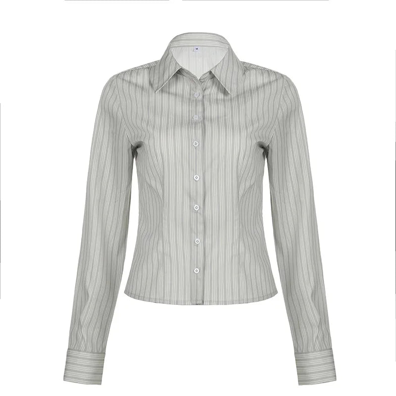 Gray Striped Print Button Up Shirts & Blouses Coquette Y2k Clothing Spring Women Long Sleeve Top