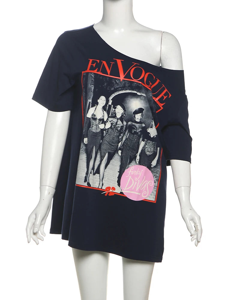 Photo Print Long T-Shirt Women Vintage Wide Collar Hip-Hop Style High Street Hottie Summer Trend Sporty Daily Tops