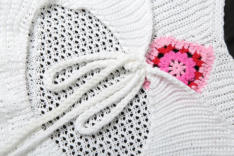 See Through Dress Women Hollow Knit Halter Patchwork Lace-Up Backless Sleeveless Midnight Club Party Mini Bodycon