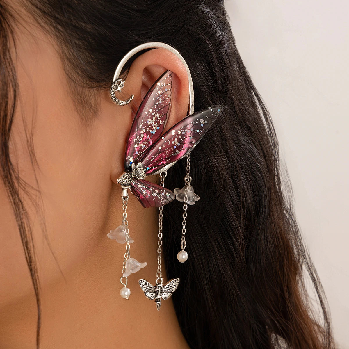 1PC Kpop Sweet Colorful Butterfly Tassel Clip Earrings Women Wed Bridal Elegant Elf Fairy Ear Cuff No Piercing Jewelry