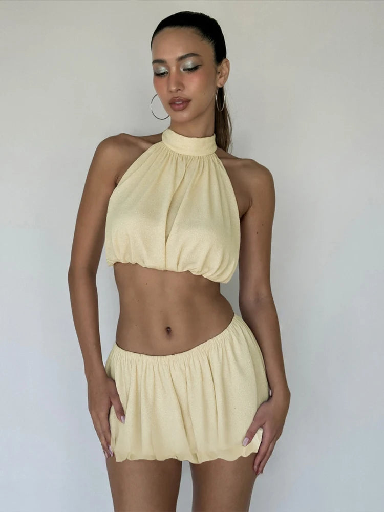 Ruched 2-Piece Set Women Halter Backless Elegant Tank Tops+Waist Skirts Solid Sexy Summer Beach Party Matching Suits
