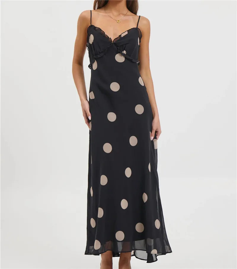 Women Summer Y2k Chiffon Maxi Dress V Neck Sleeveless Backless Polka Dot Print Ruffles Club Party Vacation Bodycon Dress