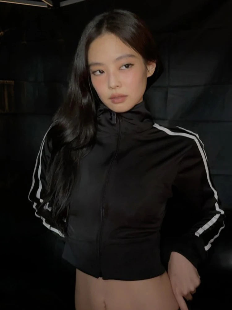 Zip Jacket Women Stripe Stretch Skinny Autumn Trend Sporty Simple Hottie Classic Streetwear Y2K Casual Hipster Coat