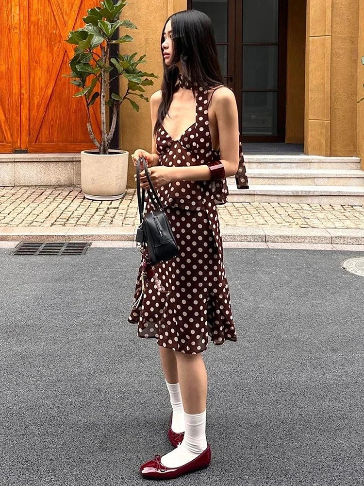 Polka Dot Print 3-Piece Set Women Scarf+V-Neck Camisole+Irregular Mid Skirts Matching High Street Sweet Elegant Suit