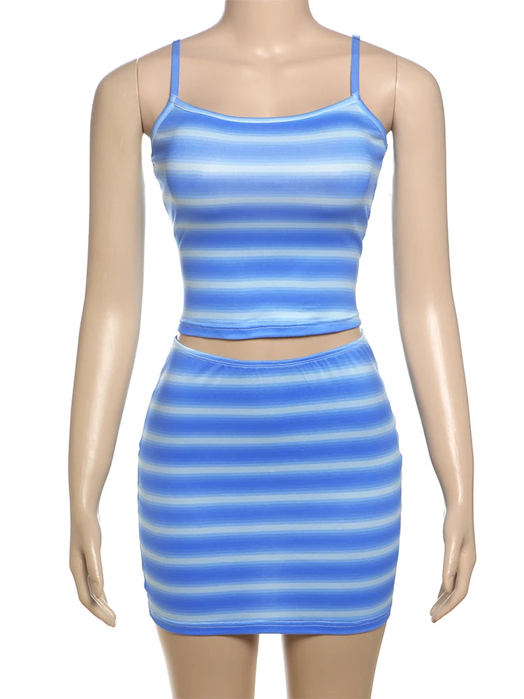 Stripe Print 2-Piece Set Women Simple Backless Classic Tank Top+Simple Skirt Skinny Casual Summer Trend Matching Suit