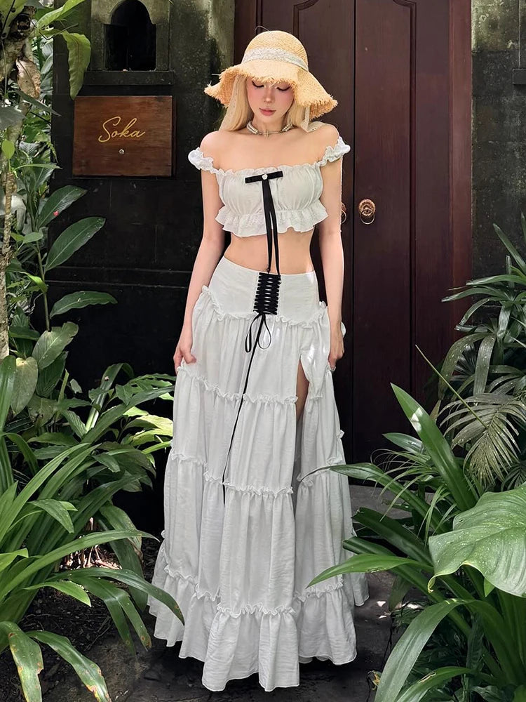 Sweet 2-Piece Set Women Y2K Slash neck Patchwork Lace Bow Crop Tops+High Split Bandage Skirts Matching Vacation Suits