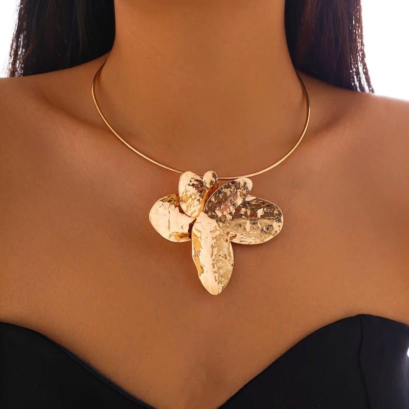 Exaggerated Punk Large Flower Torques Necklace Petal Stud Earrings for Women Grunge Jewelry Set Steampunk Party Gift