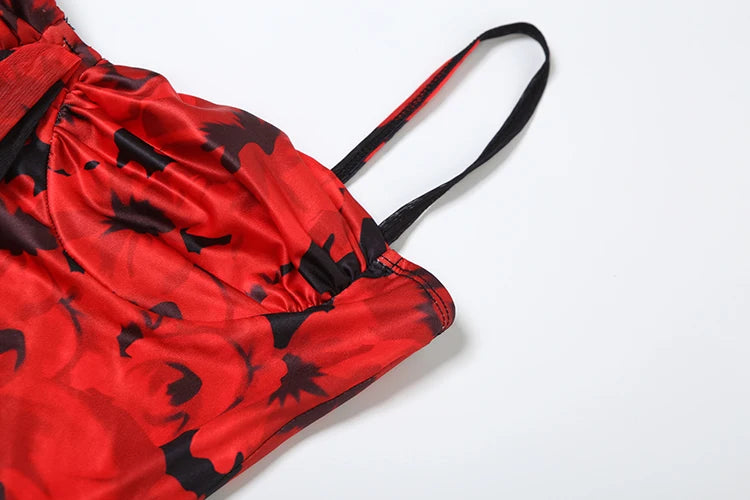 Flower Print Dress Women Y2K Irregular Ruffles Tassel Hem Low-Neck Folds Skinny Sexy Street Midnight Party Bodycon