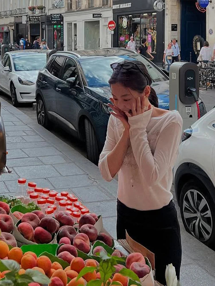 Simple T-Shirts Women Basic See Through Letter Print Long Sleeve Neck Skinny Autumn Trend Street Classic Casual Tees