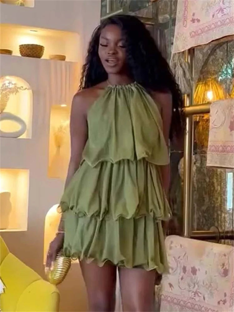 Ruched Tierred Mini Dress Women Summer New Trend Halter Off Shoulder Hot Girl Street Fashion Elegant Skinny Outfits