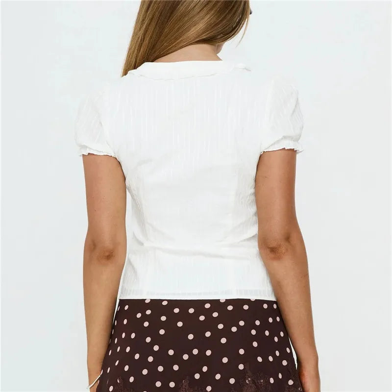 Women Ruffle V Neck Puff Sleeve Blouse Vertical Striped Button Down Cropped Shirt Vintage Slim Fit Casual Short Top