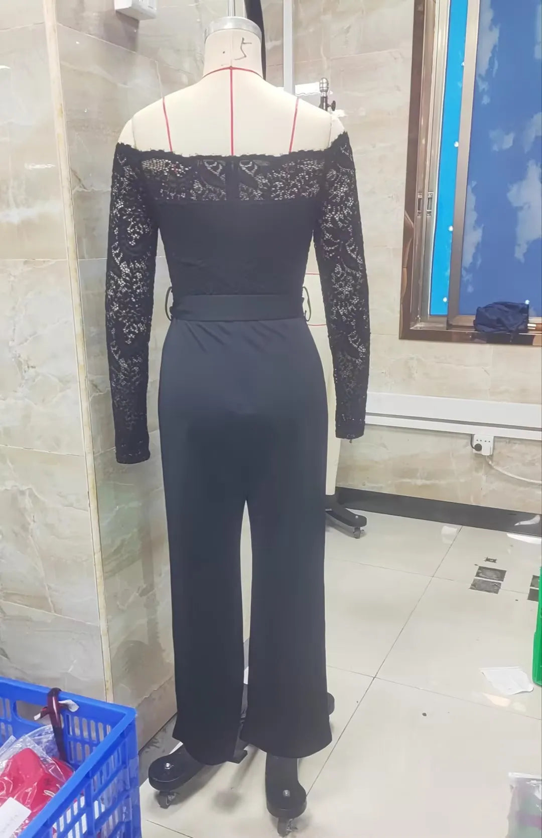 Women Off Shoulder Lace Long Sleeve Jumpsuit Waist Tie Sash Wide Leg Solid Black Elegant Party Formal Romper Outfit