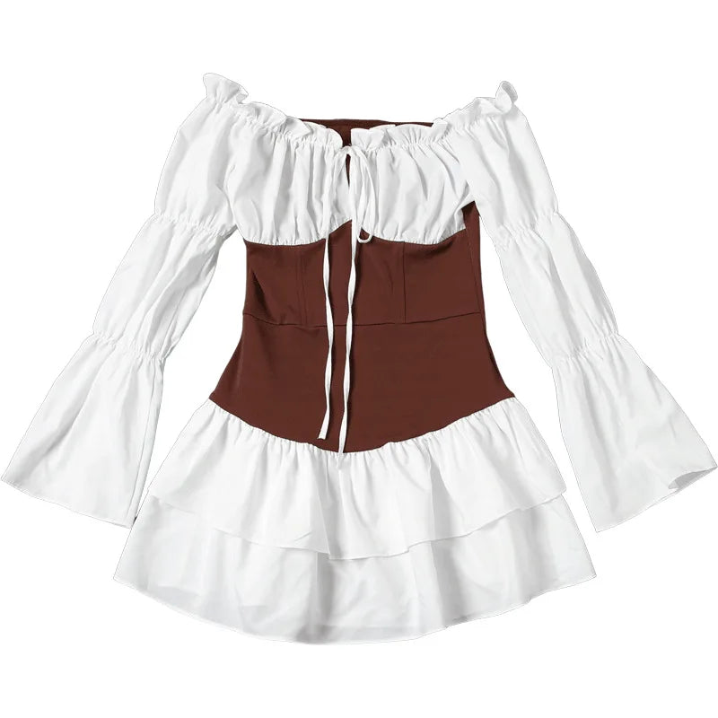 Off The Shoulder Long Sleeve Short Dresses for Woman 2025 Autumn Fashion Patchwork Corset Dress