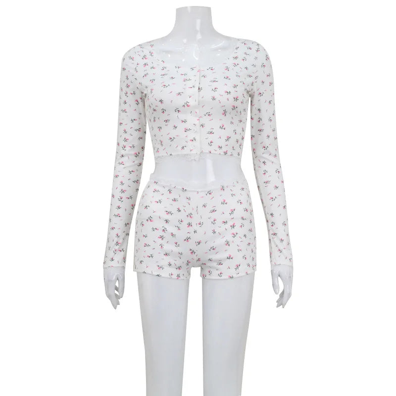 2 Piece Set Floral Print Lace Trim Ribbed Long Sleeve Crop Top and Shorts Lounge Wear Pink Coquette Outfits