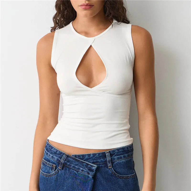 Women's Summer Tank Tops Stylish Solid Color Hollow Out Design Crew Neck Sleeveless Slim Fit Vest Shirt Y2K Streetwear
