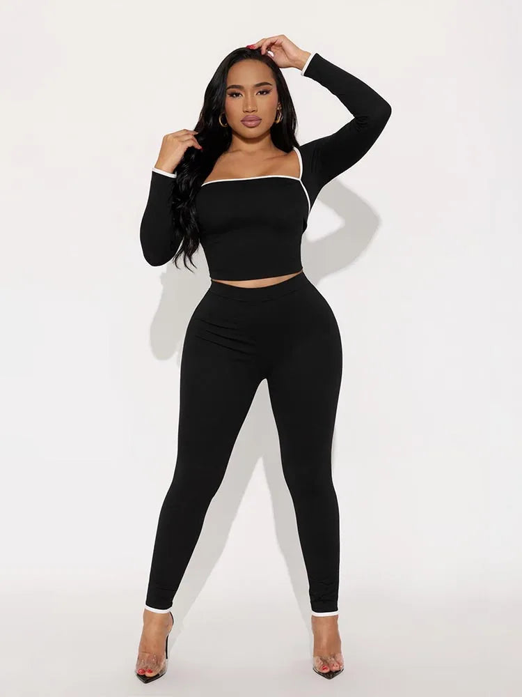Casual Tracksuit 2-Piece Set Women White Edge Square Collar Crop Top+Leggings Fitness Stretch Slim Matching Outfits