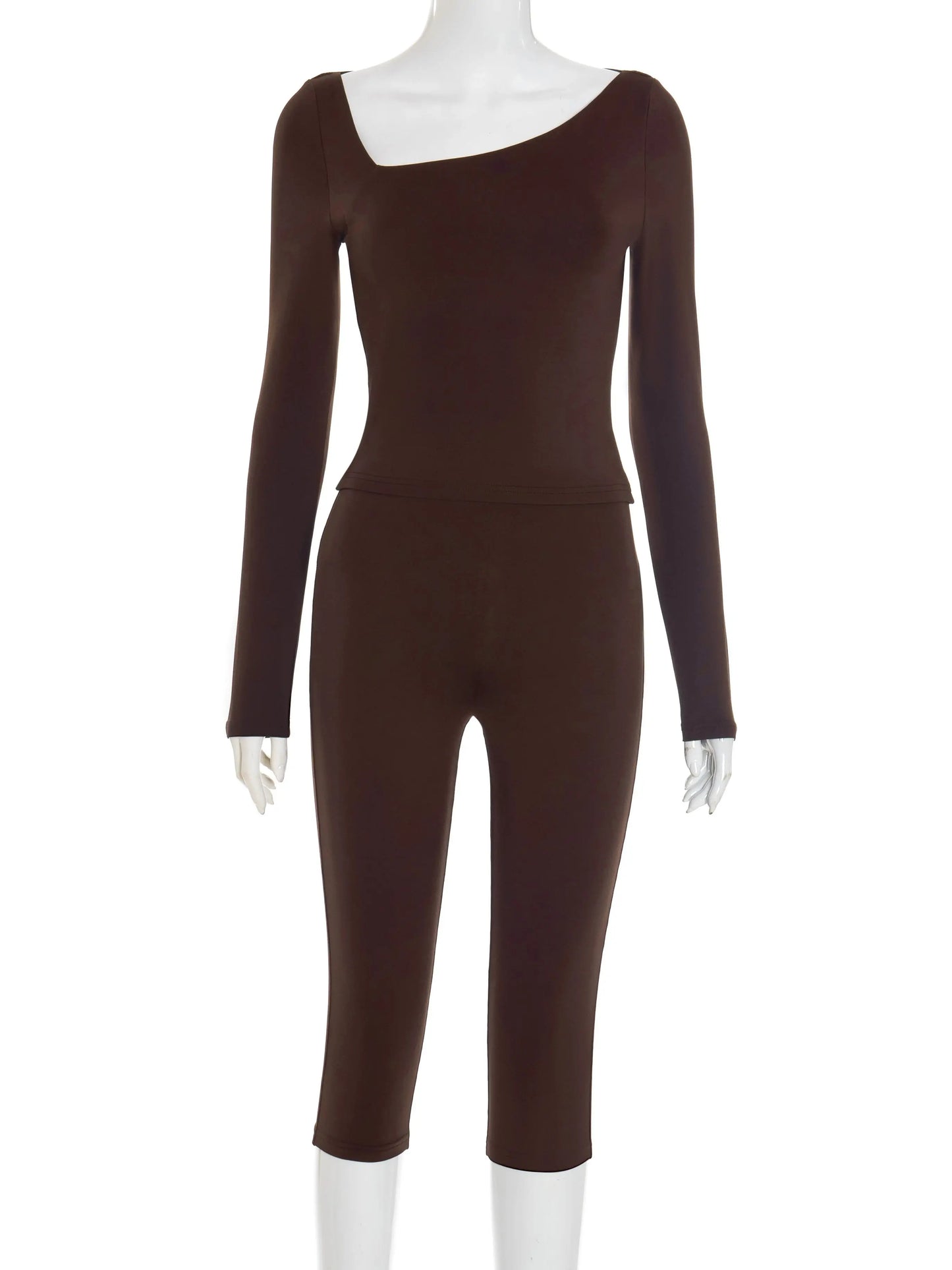 Sporty 2 Piece Set Women Tracksuit Casual Skew Collar Crop Top+Skinny Peach Hip Pants Matching Streetwear Outfits