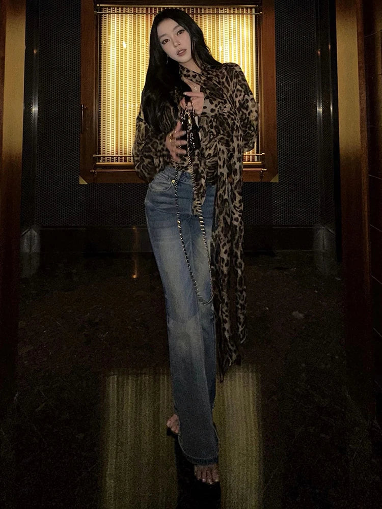 Sexy Leopard Chiffon Shirt Women Halter Ribbon Deep Neck Lace-Up Long Sleeve Elegant Commute Wild Midnight Clubwear
