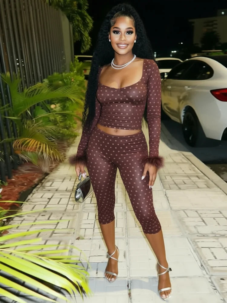 Polka Dot Print 2-Piece Set Square Collar Plush Patchwork Full Sleeve Crop Tops+Elastic Waist Classic Short Sexy Suit