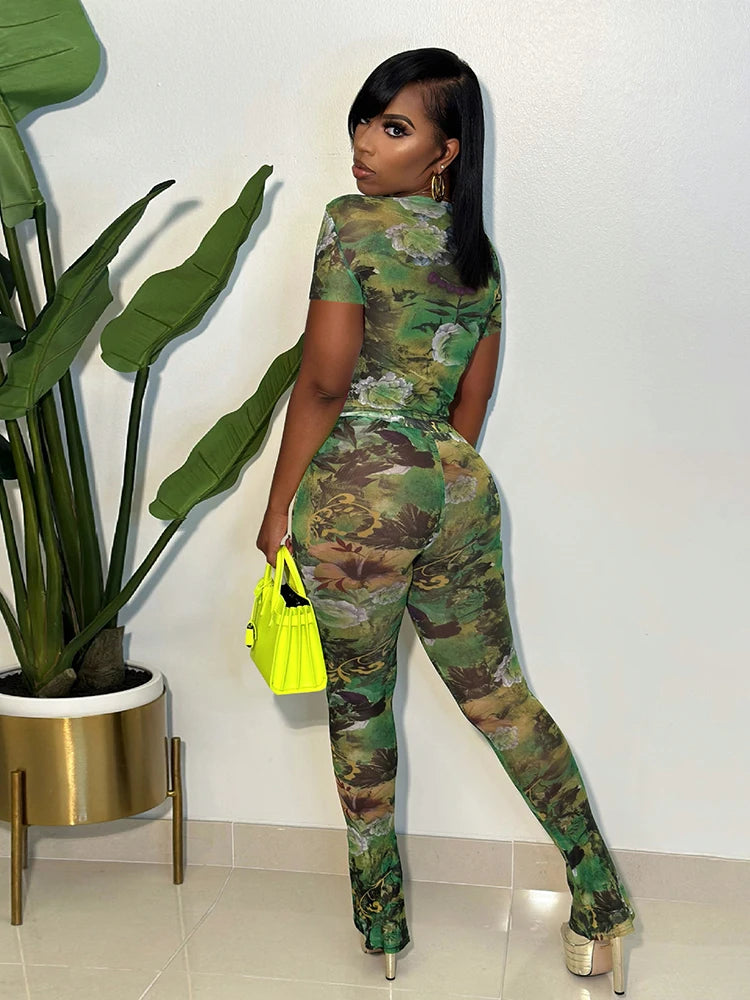 Mesh Patchwork 2 Piece Set Women Flower Print Short Sleeve Crop Tops+Stretch Flared Pants Street Fashion Sexy Outfits