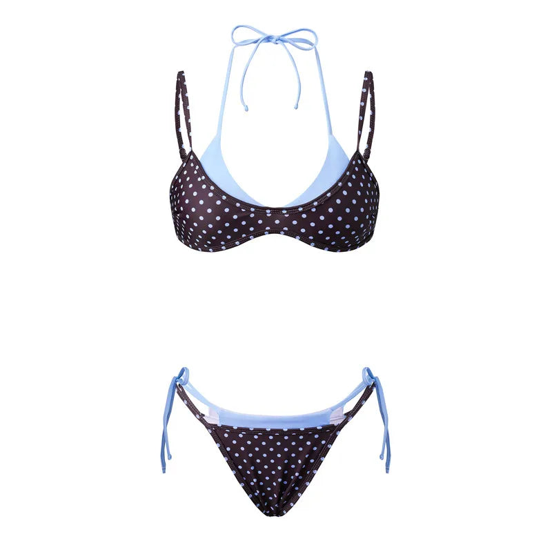 Women's Double Layered Bikini Set Dot Print Halter Bra with Side Tie-up Low Waist Shorts 2 Pcs Swimsuit Beachwear