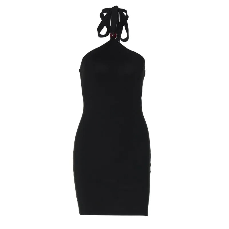 Lace Up Backless Halter Mini Dresses Sexy Clothes Woman Summer Black Dress Club Outfits