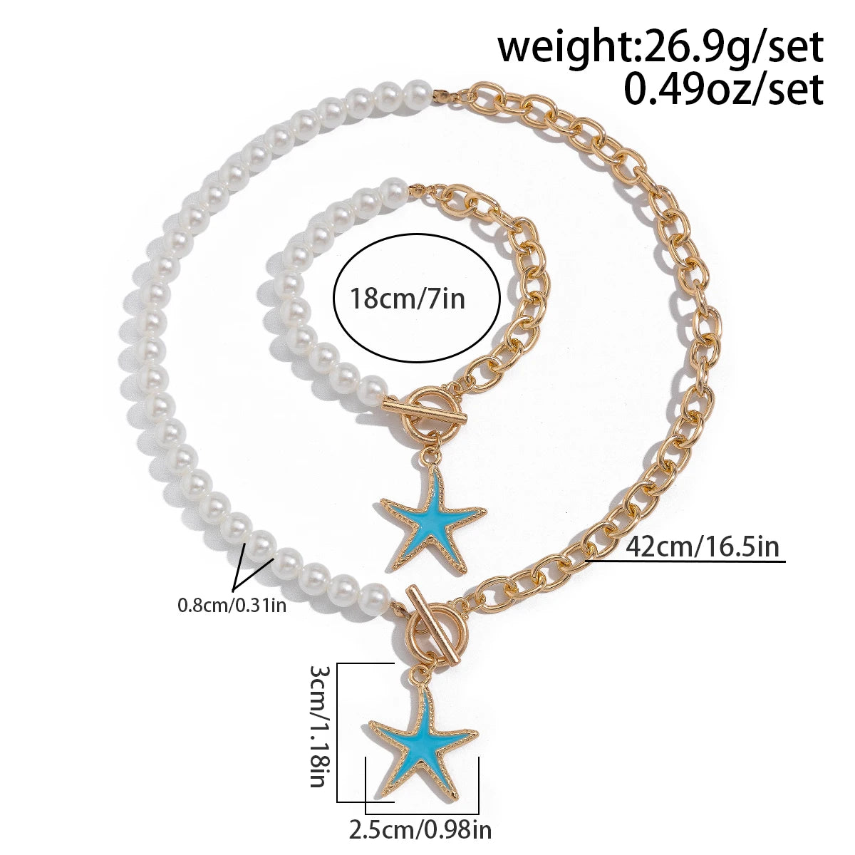 2Pcs Boho Punk Starfish OT Buckle Pendant Choker Necklace Bracelet Women Elegant Imitation Pearl Chain Y2K Jewelry Set