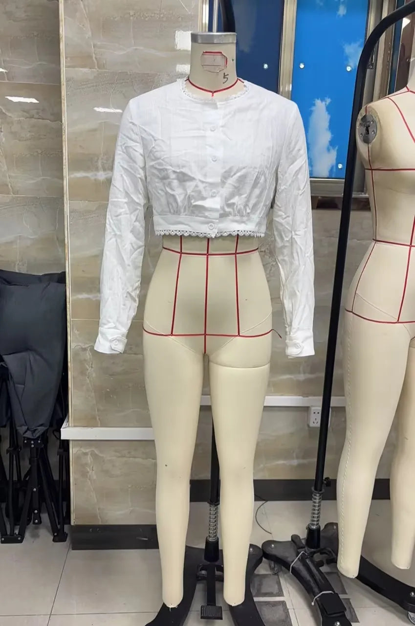 French Women White Cropped Shirt Long Sleeve Button Front Ruffle Edge Crop Top Casual Summer Beach Vacation Blouse